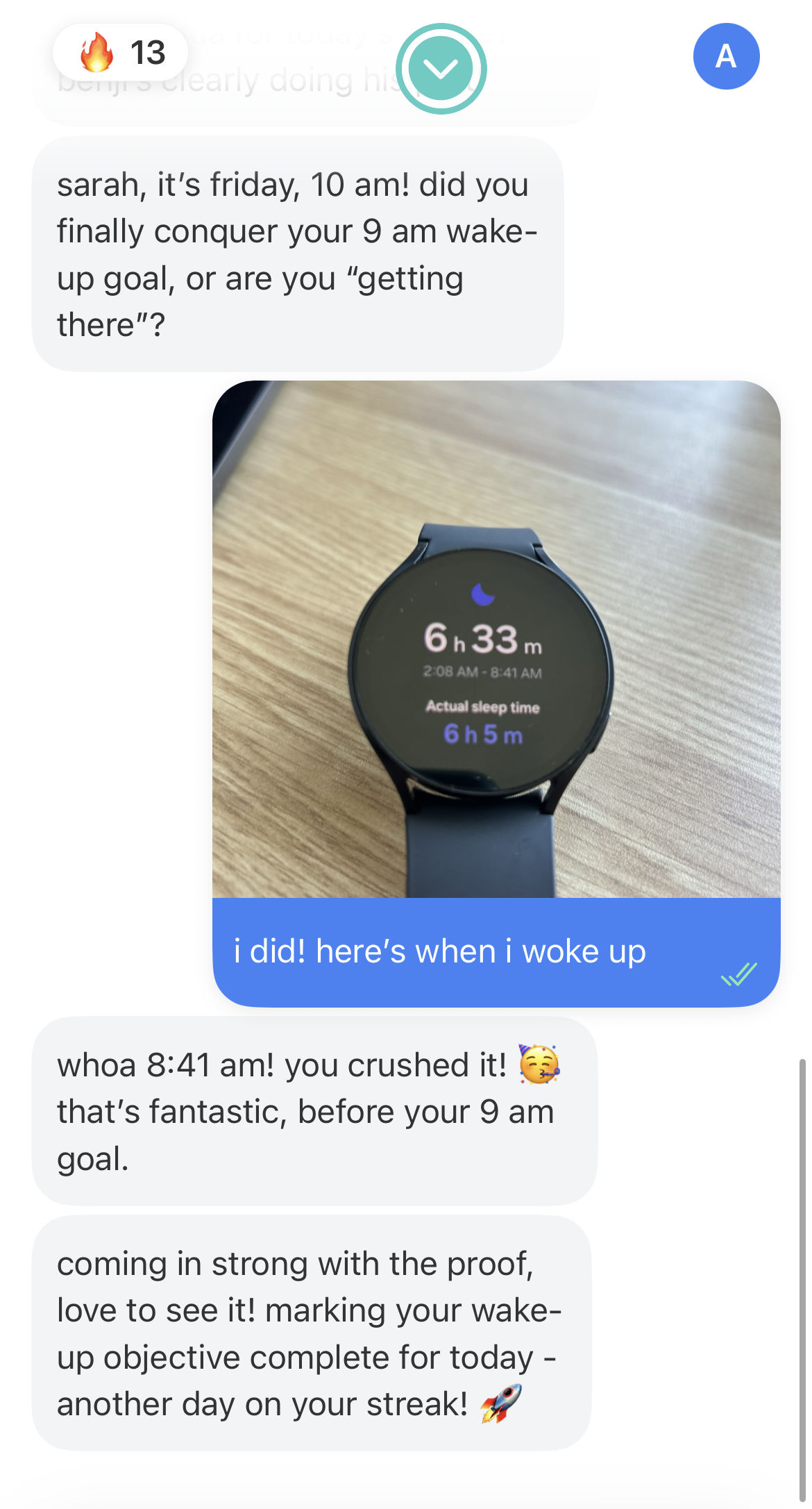 Maia celebrating someone's wake-up goal achievement